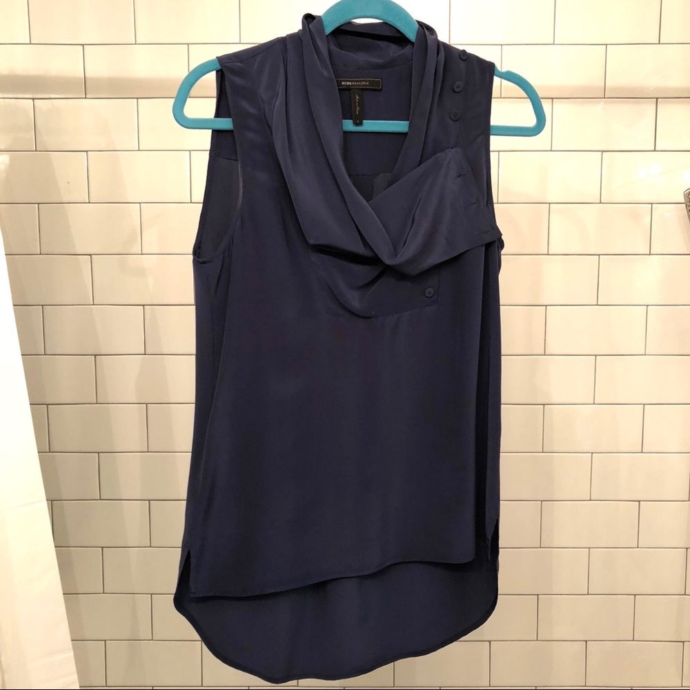 BCBGMAXAZRIA Navy silk tunic w/ asymmetrical neck